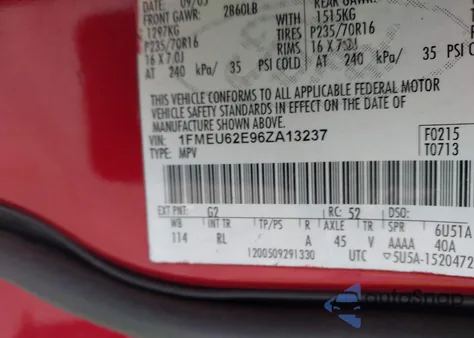 2006 Ford Explorer Xls z USA, uszkodzony, nr VIN 1FMEU62E96ZA13237